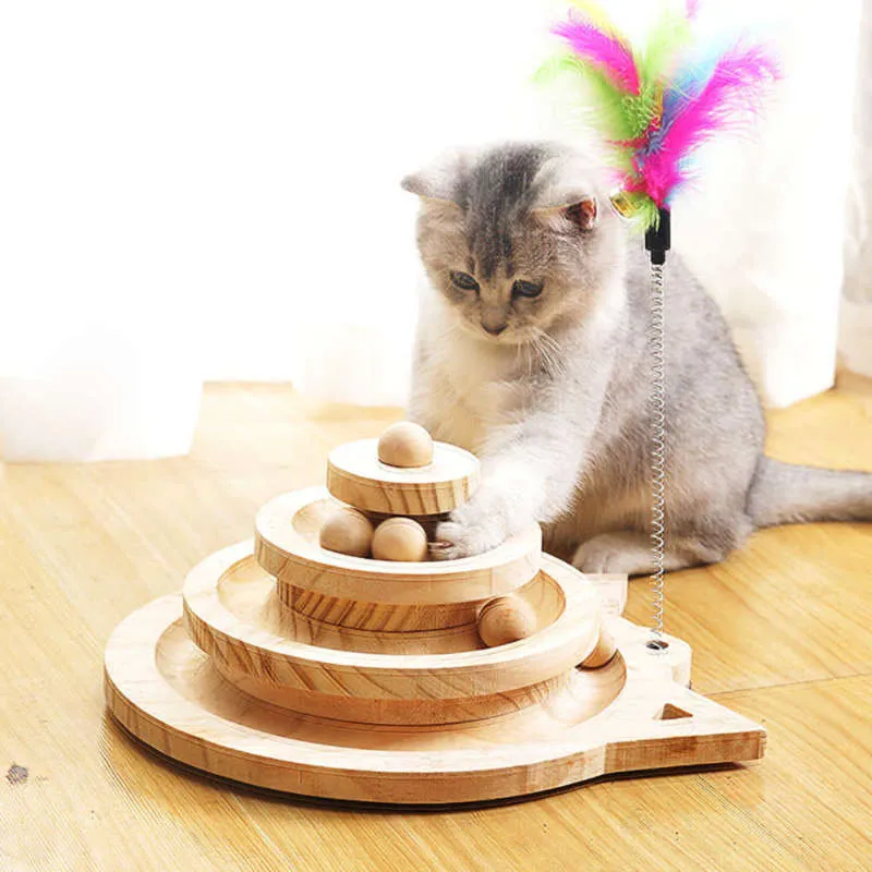 Wooden Cat Toy Multilayer Rotating Track Ball Game Cat Turntable Pet Interactive Toy Cat Intellectual Track Funny Scratcher Toy 210929