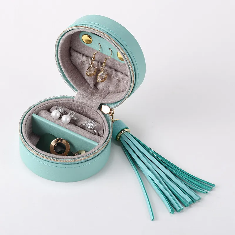 Round PU Jewelry Boxes Monolayer Jewel Case Ear Studs Zipper Storages Box Ornaments Jewelrys Ring Boxe Storage Bins ZYY1074