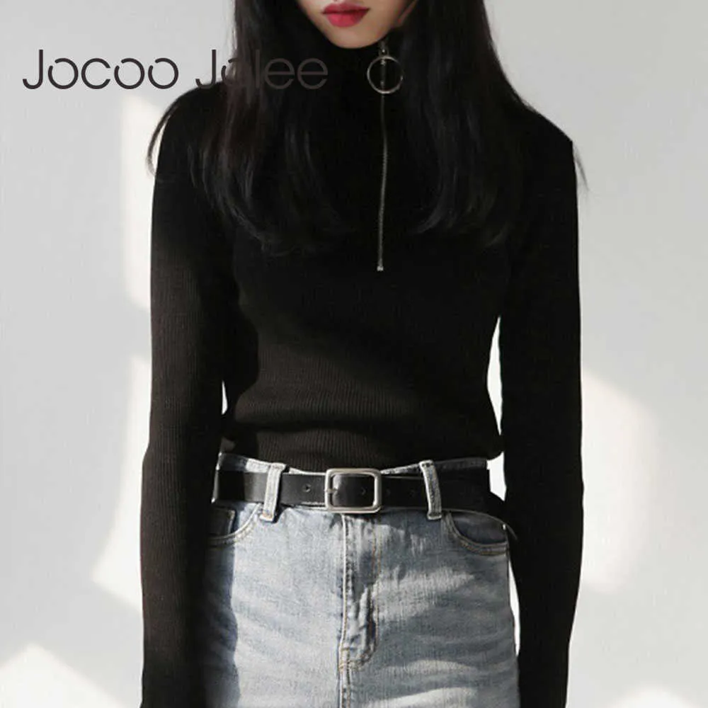 JOCOO JOLEE WOMENS'S KOREAN TURTLENECKセーターエレガントなソリッドジッパープルオーバーヴィンテージソリッドセーターウィンタージャンパー冬210619