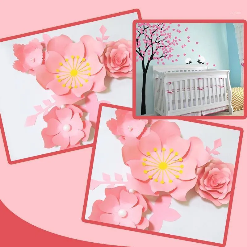 Decorative Flowers & Wreaths Handmade Pink Rose DIY Paper Leaves Set For Party Wedding Backdrops Decorations Nursery Wall Deco Video Tutoria