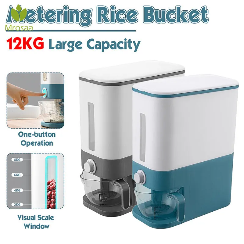 Automatic Plastic Cereal Dispenser Storage Box Measuring Cup Kitchen Food Tank Rice Container Organizer Grain Storage Cans 210309