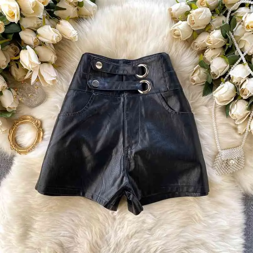 Siyah PU Deri Şort Sonbahar Kış Kore Tarzı Yüksek Bel Geniş Bacak Faux Kısa Pantolon Moda Chic 210603
