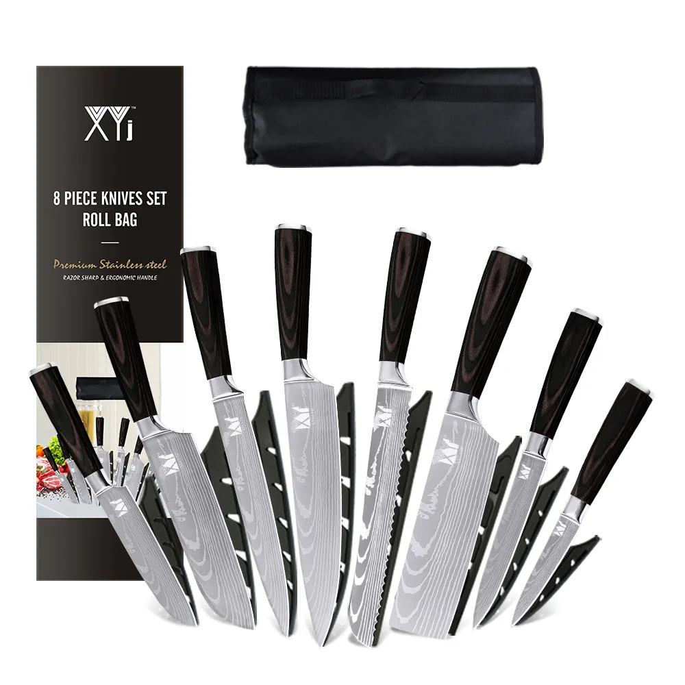 XYJ Нержавеющая сталь Кухонные ножи Установить 8 шт. Частной нож для шеф-повара с корпусом для чехол для корпуса. Оболочка хорошо сбалансированная эргономичная ручка