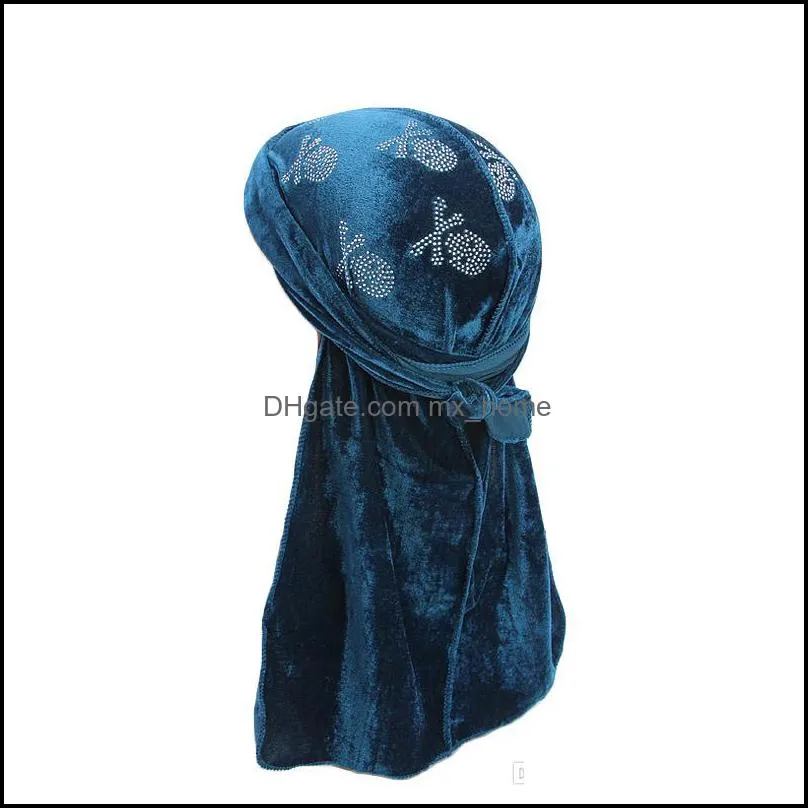 Unisex Men Women Breathable Bandana Hat velvet Durag do doo du rag long tail headwrap chemo cap Skull Rhinestone Print