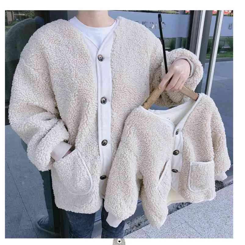 Parent-Child Clothes Boys Mother Girl Jacket Lamb Wool Velvet Padded Fall Winter Korean Cardigan Warm Children's Coat 210625