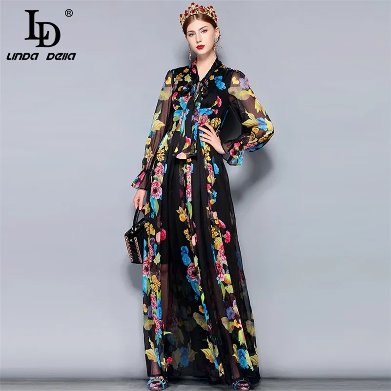 LD LINDA DELLA Runway Maxi vestido de talla grande de mujer de manga larga con cuello de lazo estampado Floral Vintage gasa fiesta vacaciones vestido largo 210309