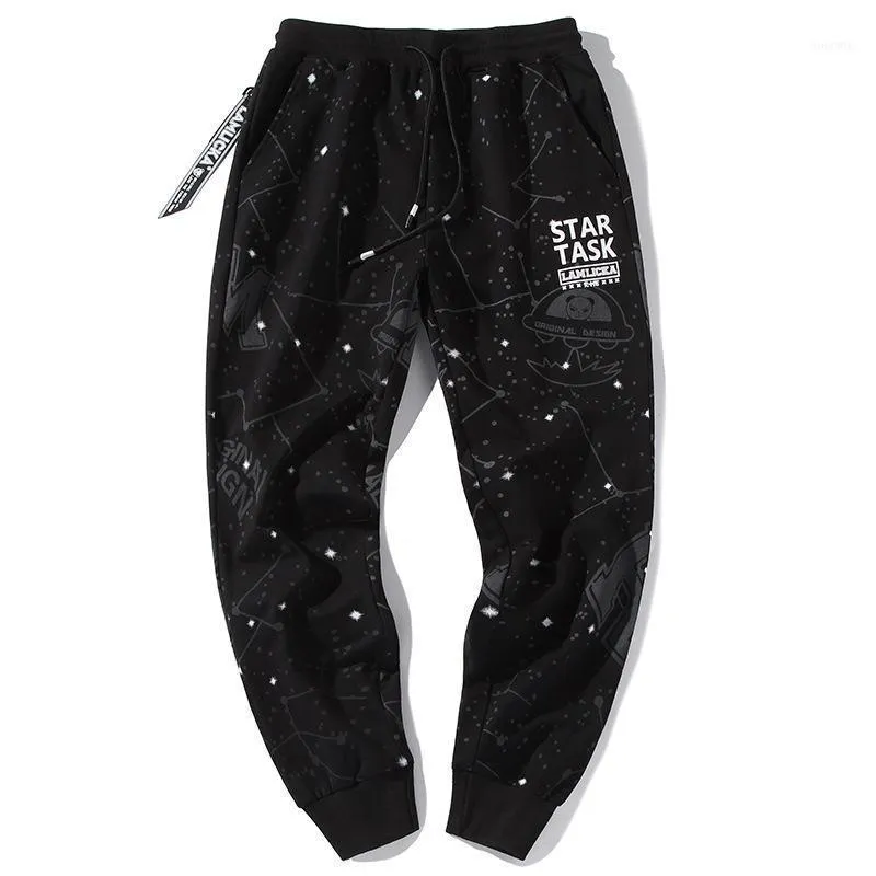 Mäns byxor plus storlek harem män casual sweatpants up penna byxor sport streetwear print tecknad hip hop spets bomull brev1