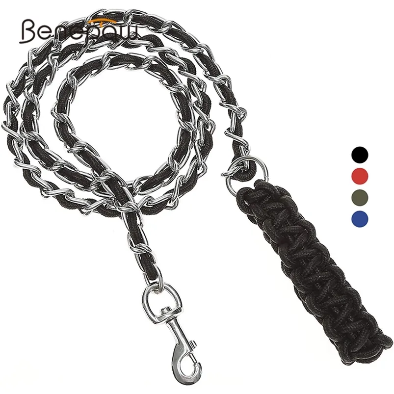 Benepaw Heavy Duty Metal Chain Chain Tog Leash Мягкий антикуса Нейлон плетеная ручка Pet Lead Training веревки для средних больших собак 210729
