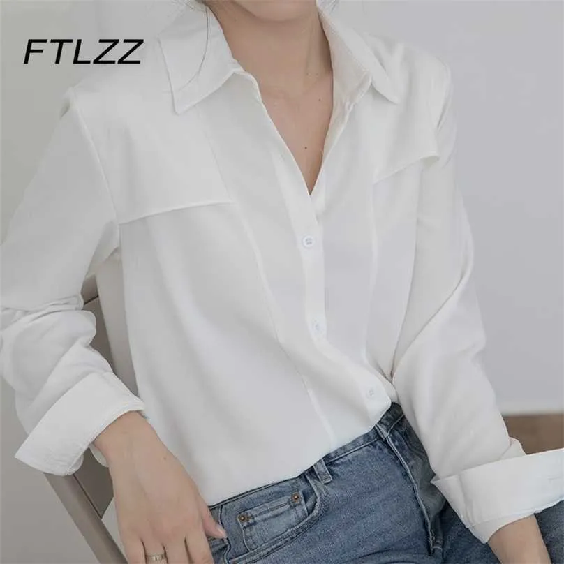 Bureau Wear Blouse blanche pour femmes Mode à manches longues Revers Casual Spring Automne Bouton Up Chemises Dames Élégantes Tops coréens 210525