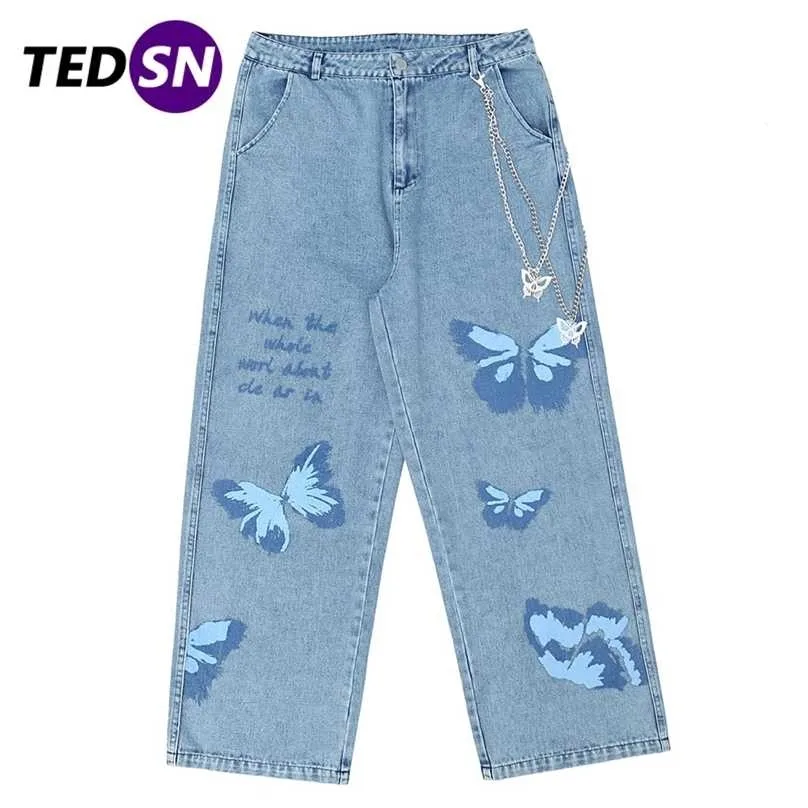 TEDSN Hip Hop Jeans Straight Wide Leg Pants Harajuku Oversize Streetwear Loose Joggers Men Baggy Trousers 211111