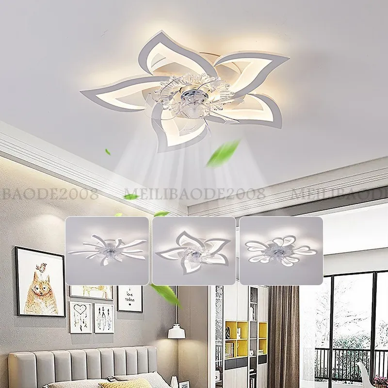 Nordic Luxury Acrylic Intelligent Creative Chandelier Ceiling Fan Lamp LED Invisible Pendant Lights With Fan For Villas Living Dining Room Bedroom Restaurant