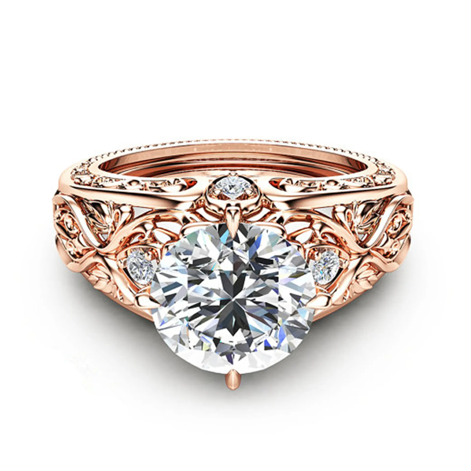 Европейская и американская мода High-End Engagement Ring Уникальный дизайн 2 Карат высокого класса Циркон Кольцо Zircon Искусство Украшение Стиль Розовое Золотое кольцо
