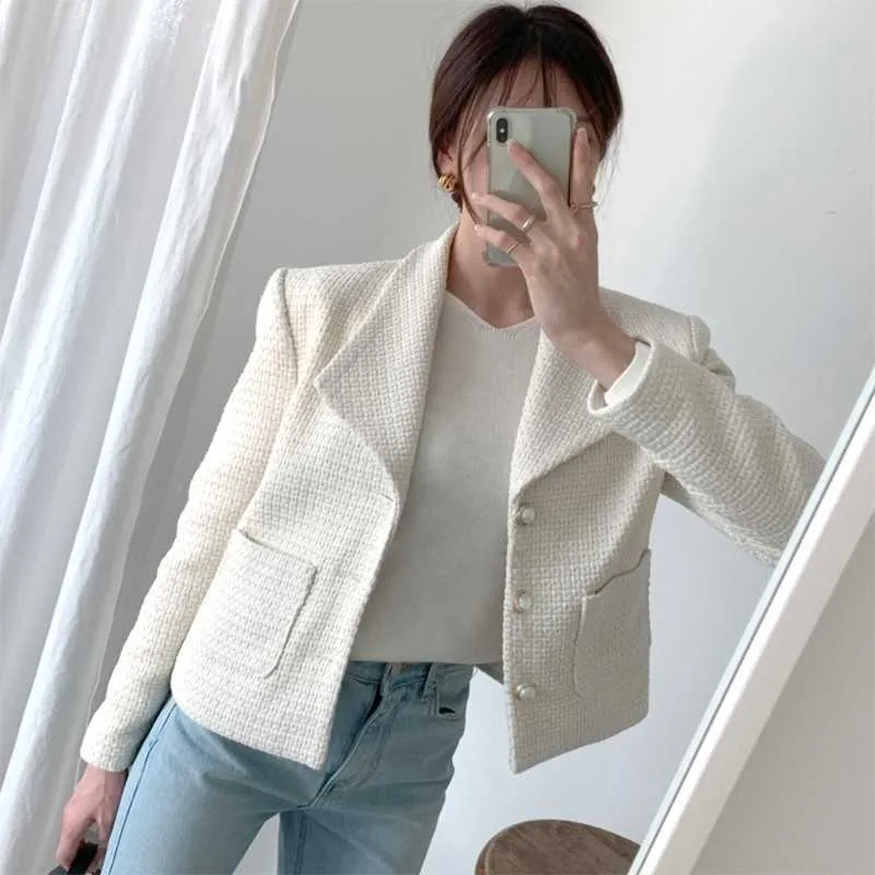 Chic coreano branco simples giro para baixo colarinho mulher jaqueta curto Único-breasted manga comprida tops minimalismo casaco elegante outono 210610