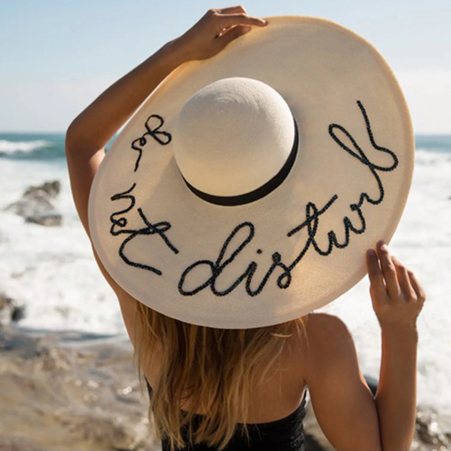 Sequin Letter Embroidered Big Brim Sun Hat Lady Summer female Sun Hat Beach Sun Protection Folding Straw Hat