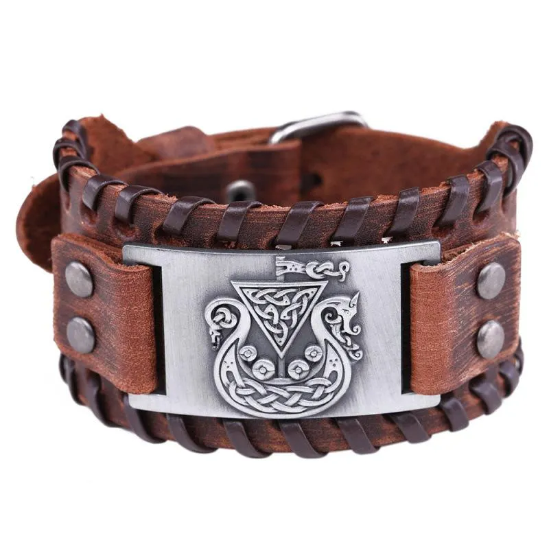 Charm Bracelets Trendy Nordic Odin Triangle Pirate Ship Bracelet Viking Men's Fashion Leather Woven Accessories Party Jewelry Wholesale