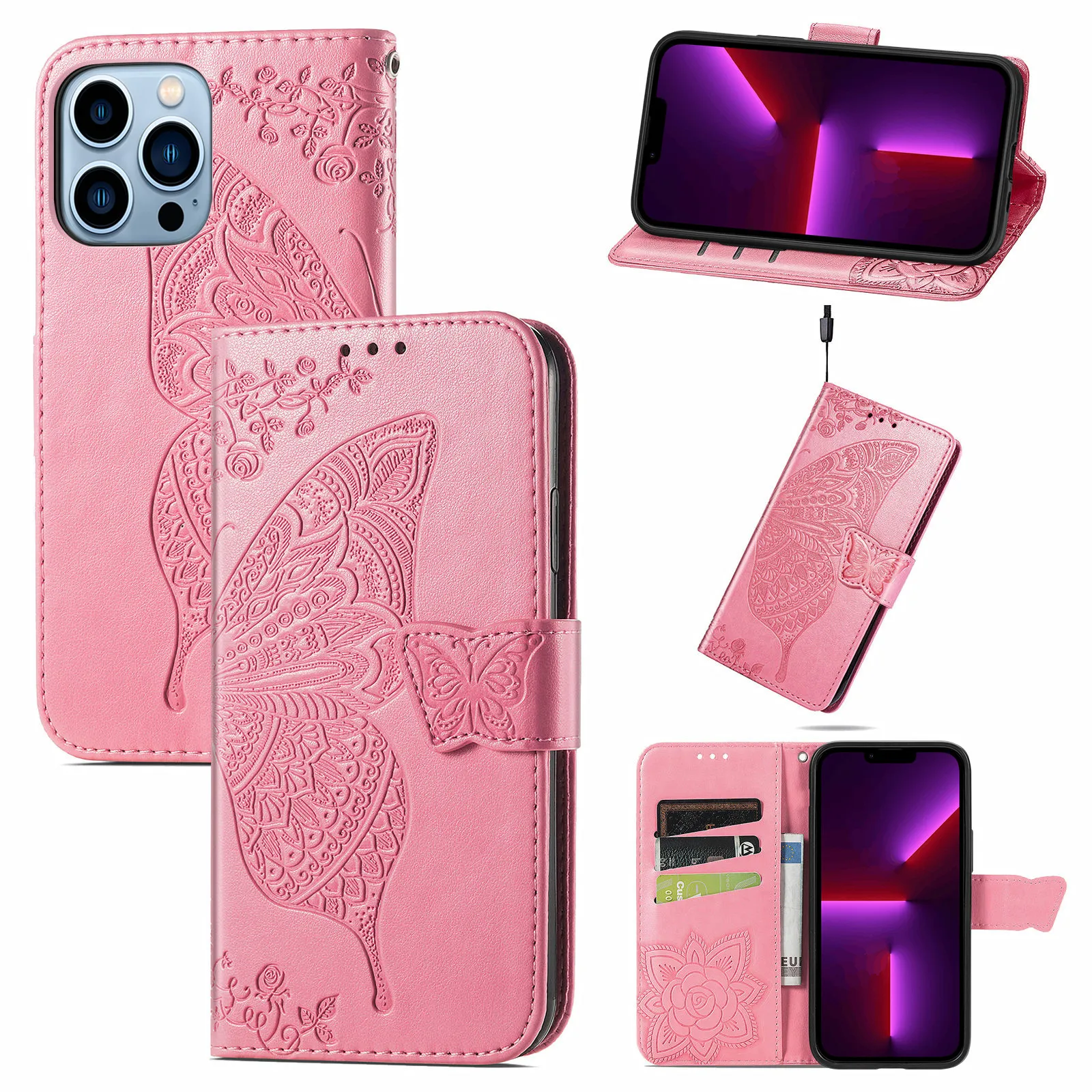 Emboss Butterfly Flower PU Leather Wallet Flip Stand Phone Cases for iPhone 13 12 11 Pro Max Mini XR XS X 8 7 6 Plus Samsung A22 A32 A51 A71 A33 A53 S21 S20
