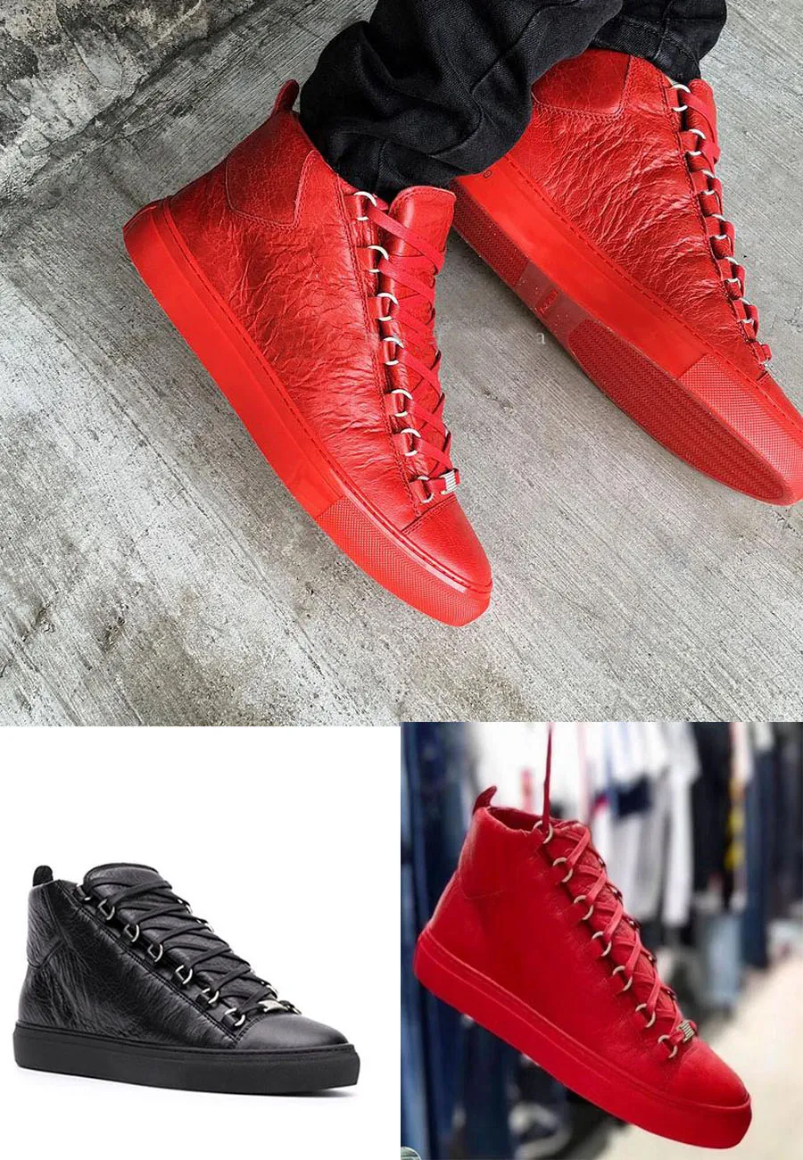 Högkvalitativt märke Arena Skor Herr fritidssko High-Top Sneaker för män Platt Skrynkla Läder Trainer Party Lyxiga designer träningsskor svart röd vit