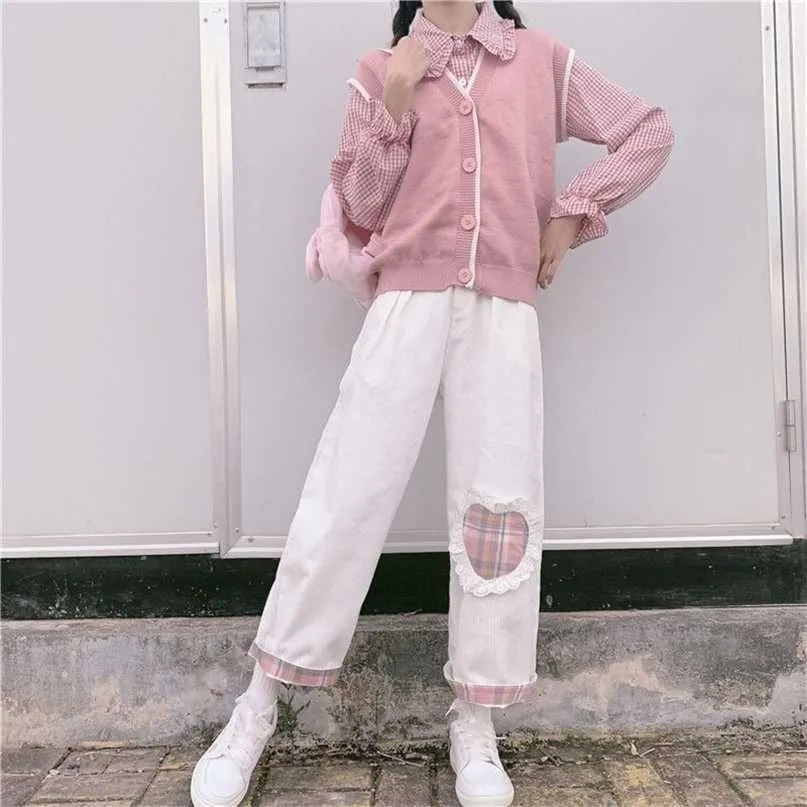 QWEEK Japanese Kawaii Pink Corduroy Pants Women Soft Girl Plaid Wide Leg White Trousers For Female Love Heart Patchwork Cute 211115