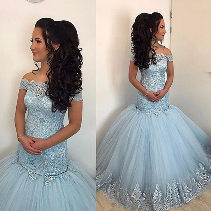 Nyaste 2022 Sky Blue Mermaid Prom Dresses Off Axel spetsarapplikationer Beaded Puffy Tulle Sweet 16 Long Party Dresses Plus Size Size aftonklänningar