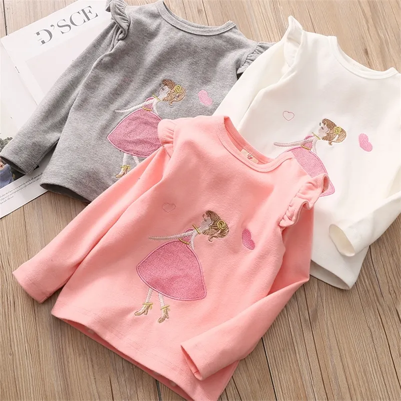 Printemps Automne 2-10 ans Bébé Vêtements pour enfants Longue manches bouffantes Couleur unie Dessin animé T-shirts de base pour enfants filles 210306