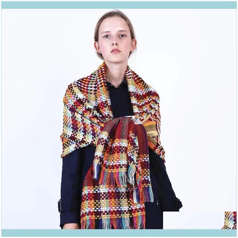 2021 Winter Scarf Women Rainbow Woven Lattice Scarves Lady Thicken Warm Soft Shawls Wraps Female Colored Wool Long