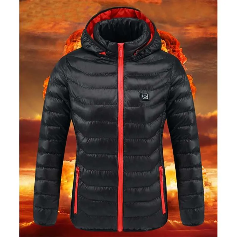 Women USB Electric Battery Heated Jackets Outdoor Long Sleeves Heating Hooded Coat Warm Winter Thermal Clothing 211008