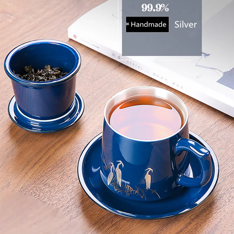 Tazza da tè in argento sterling 999 con filtro per coperchio Tazza da acqua in ceramica per ufficio Jingdezhen 4 pezzi