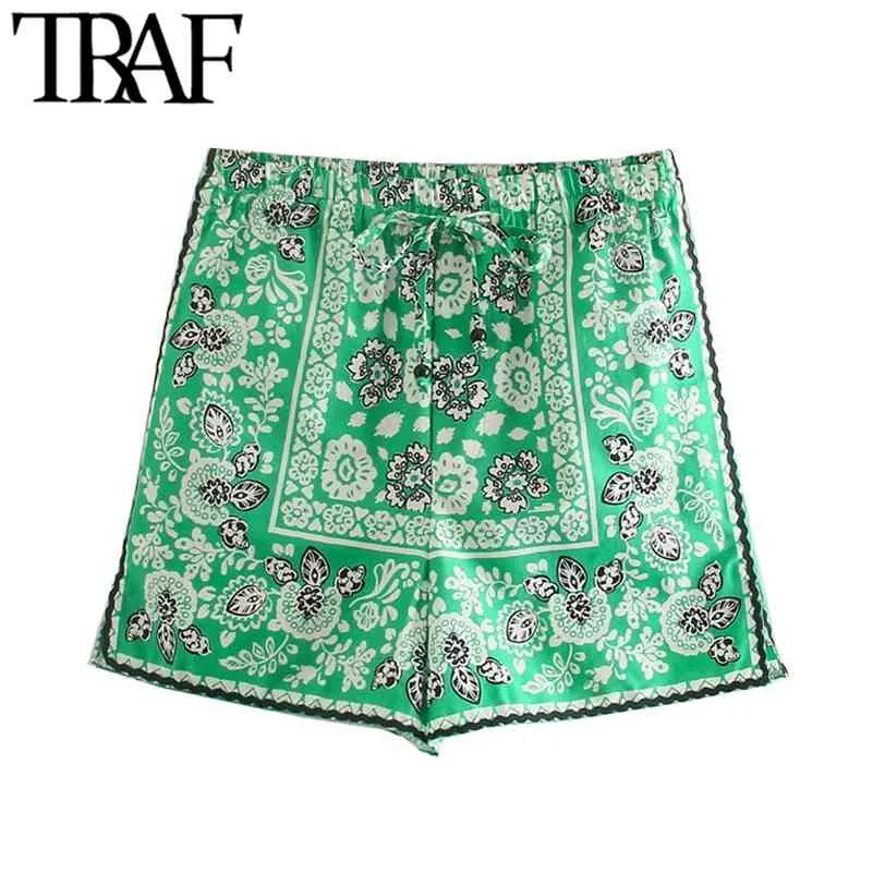 TRAF Women Chic Fashion Side Pockets Floral Print Shorts Vintage High Elastic Waist Drawstring Female Short Pants Mujer 210625