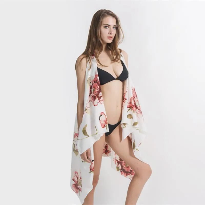 Sommar Kvinnors Veil Bikini Style Kläder Variety Gorgeous Flower Pattern Beach Blouse Sunscreen Kimono Cardigan Badkläder