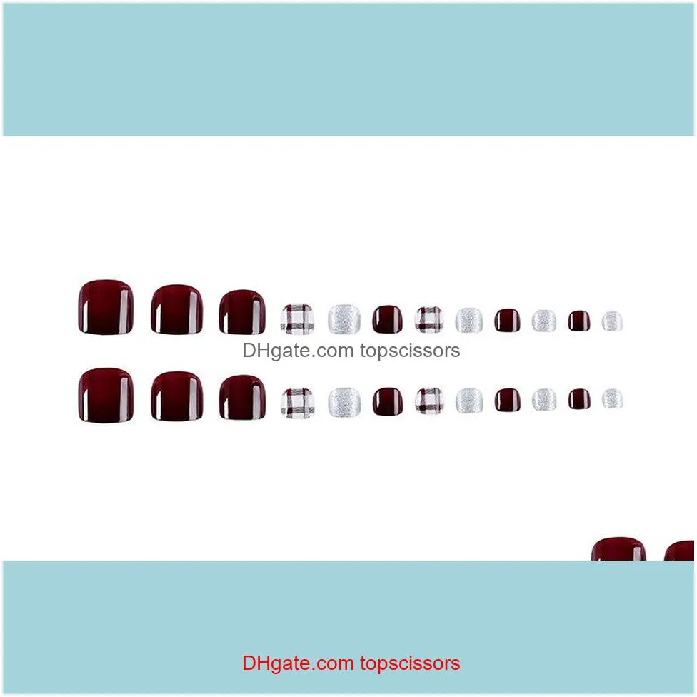 Finished toenails fake nail piece popular wine red grid short white solid nail piece J02-08