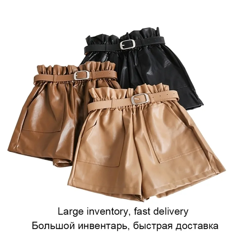 High Waist PU Leather Shorts Women Cool Punk Sashes Wide leg Spring Autumn Casual Loose Elastic 210722