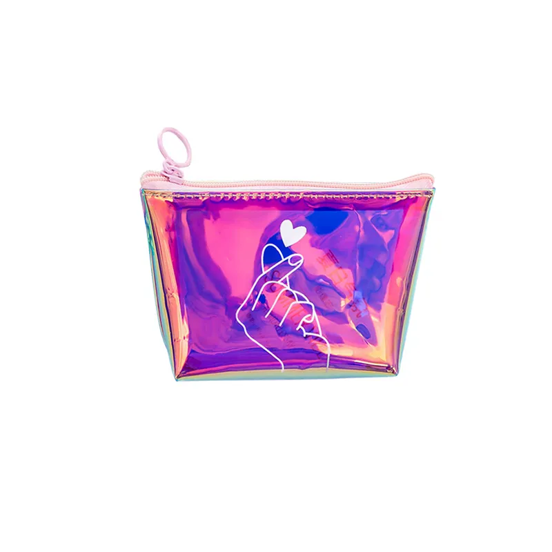 Laser Colorful Coin Purse Data Cable Key Bag Girl Heart Clutch Zipper Transparent Storage Bag Wholesale