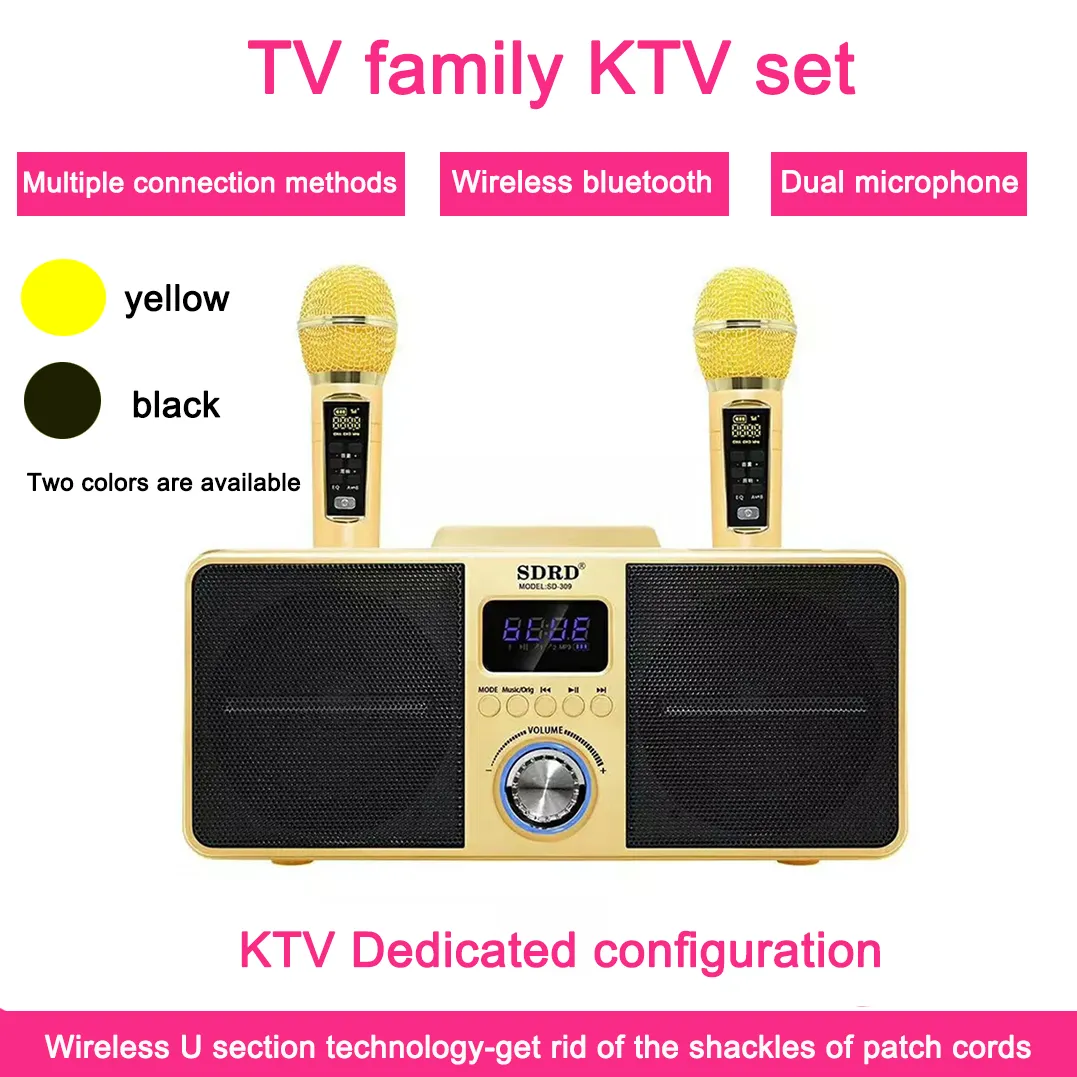 Hot SD-309 Dual Wireless Microphone Bluetooth Speaker Mobile Karaoke Stereo Black 30W SDRD Speakers Set