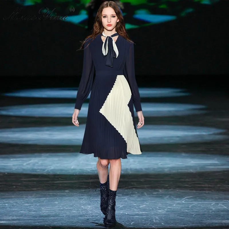 完全受注生産品 カジュアルドレスモアイナファッションデザインデザインドレス春夏の女性の弓襟長袖プリーツシフォンエレガント 専用スタンド付 Apparel Women S Clothing Com