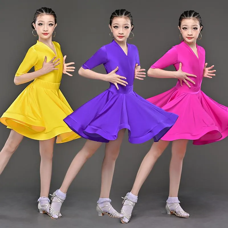 Stage Wear Girls Professional Competition Latin Dance Dresses Mid-Length Sleeved V-Neck Performance Colorful Ballroom Dress