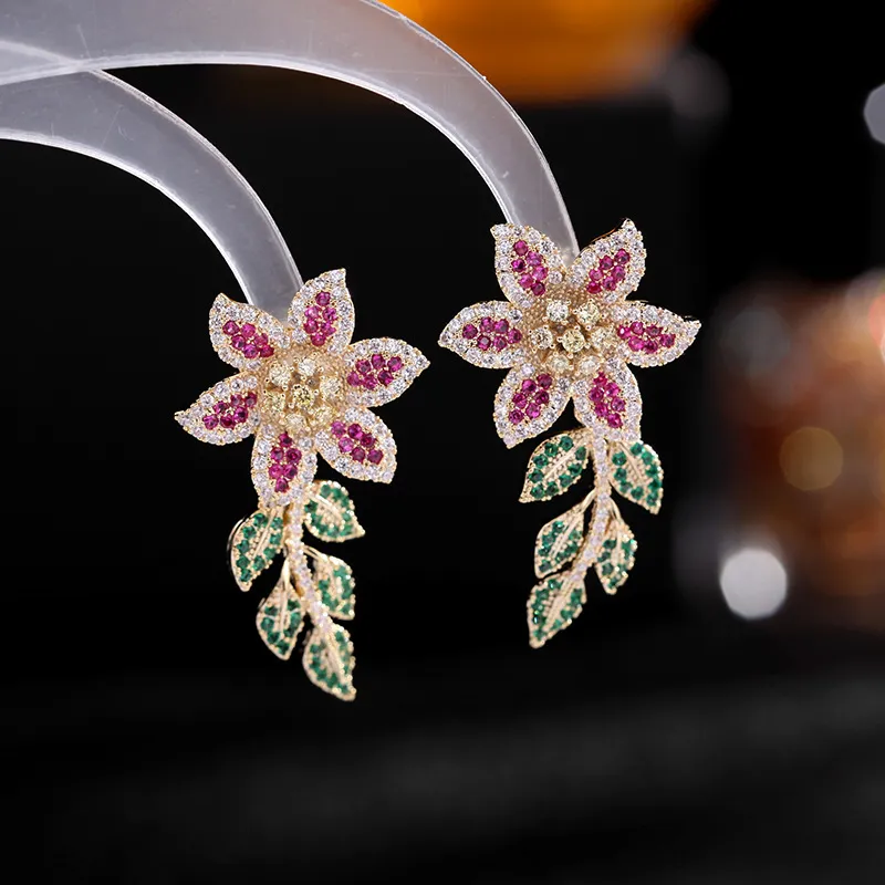 Micro Pave Cubic Zirconia Leaves Flower For Ladies Shinning Crystal Wedding Jewelry Brand Luxury Bridal Banque Earrings