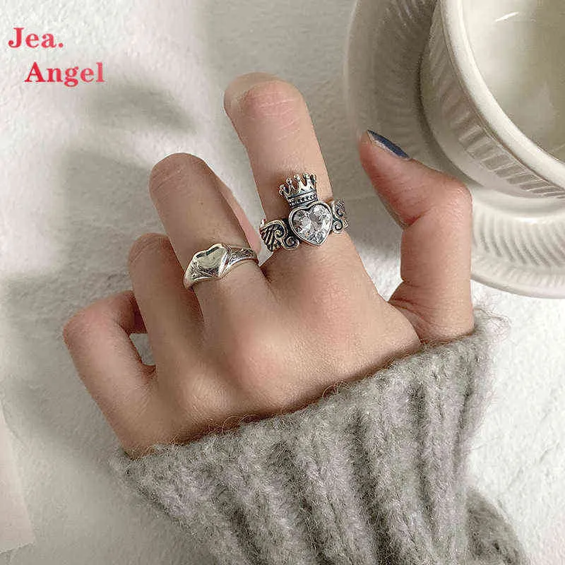 Jea.Angel Fashion 925 Silver Princess Tiara Crown Sparkling Love Heart Rings For Women Couple Anniversary Day Jewelry Gifts G1125