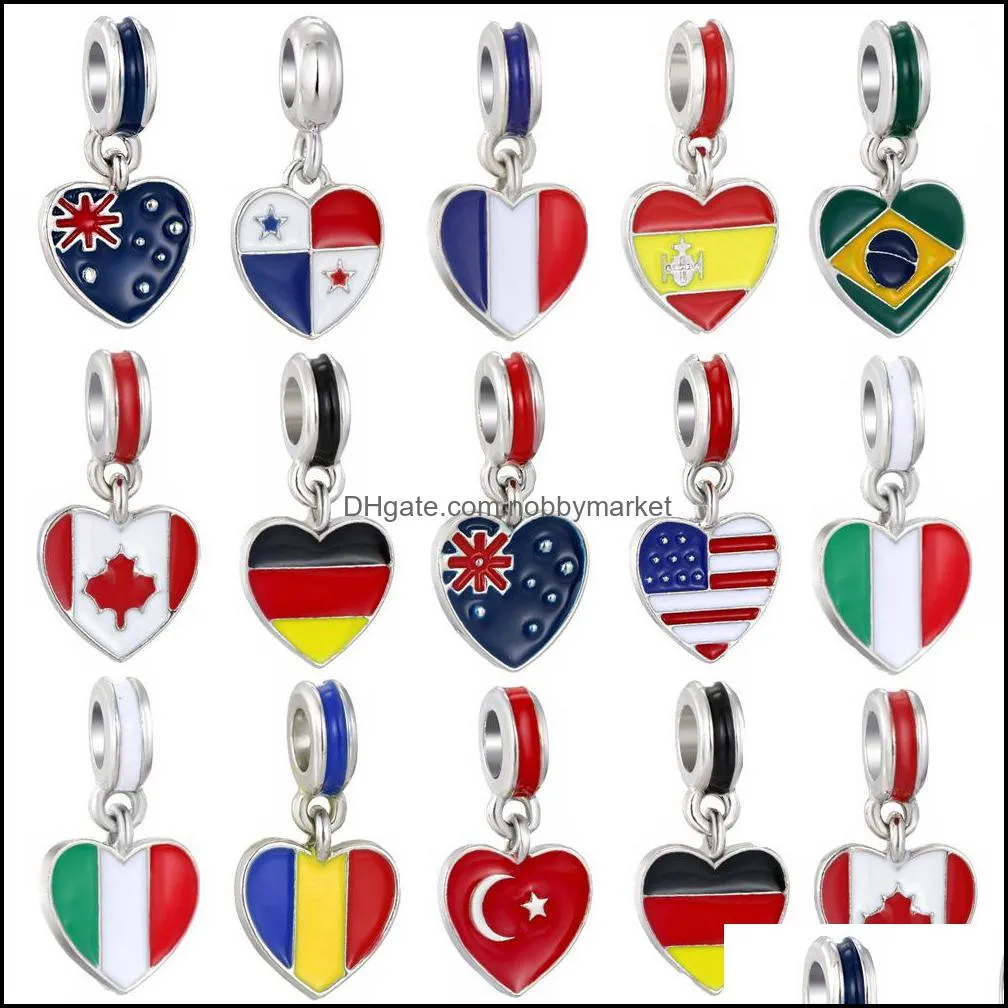 Charms Jewelry Findings & Components Enamel National Flag Big Hole Beads United States Italy Canada Loose Spacer Charm Pendant For Bracelet