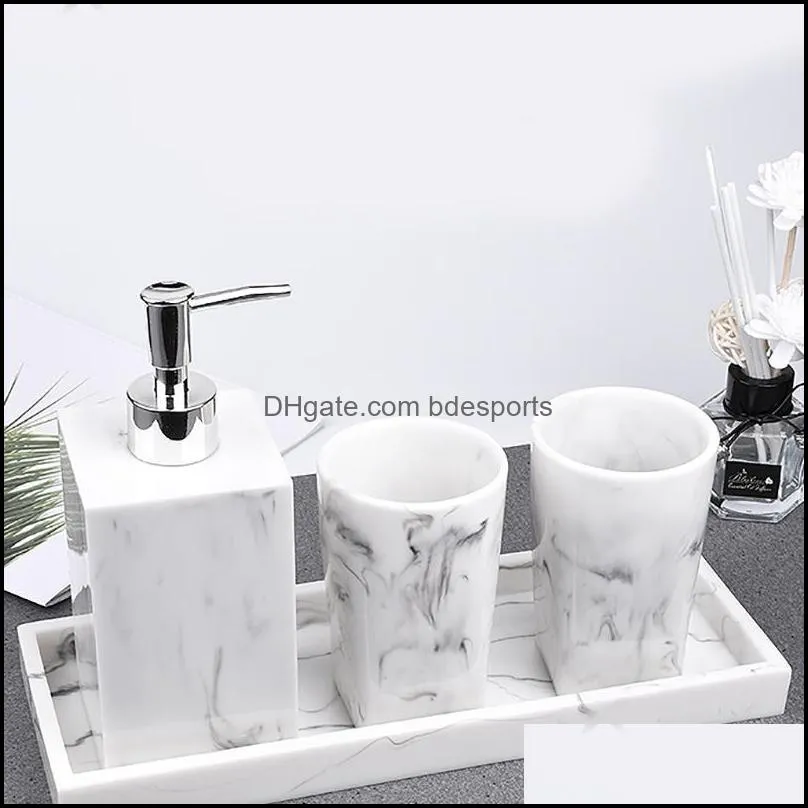 Bath Accessory Set Bathroom Accessories Of 4 Sets Nordic White Marble Texture Resin Kit Water Dispenser Lotion Bottle Tray