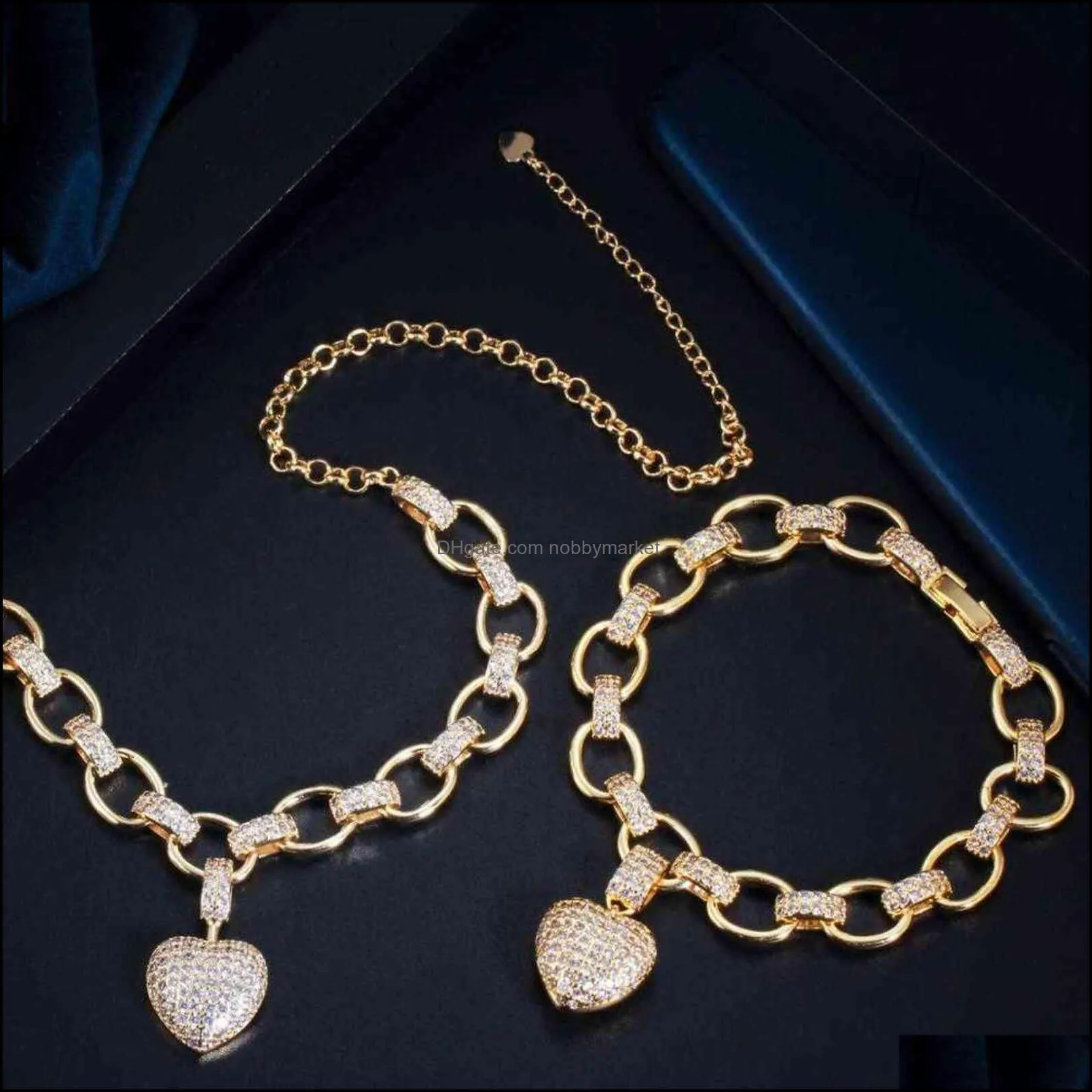 Cwwzircons Gold Color Cubic Zirconia Dangle Love Heart Shape Charm Bracelet Pendant Necklace Women Costume Jewelry Set T