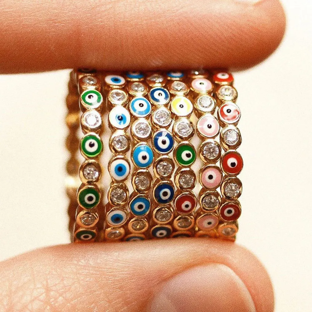 Eye Rainbow Ond Rhinestone Fyllda Guld Ringar För Kvinnor Vintage Ladies Midi Kunle Finger Ring Guldband Ringar Smycken Jul