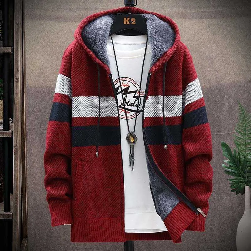 FALIZA Mens Striped Sweater Coat Thick Fleece Warm Zipper Wool