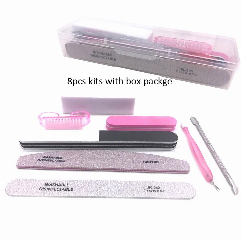 8Pcs Nail art tool kits with nails File Buffer UV Gel Polish remover and dust Brush Cuticle Pusher Manicure Tools PLASTIC Box suuply NAK004