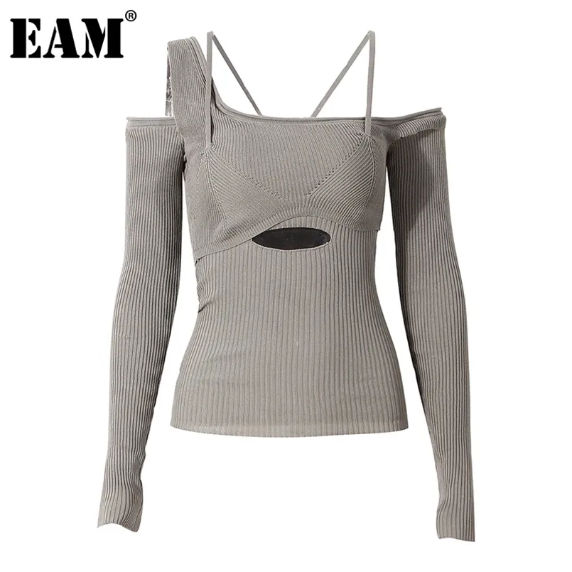 [EAM] évider gris pull à tricoter coupe ample Slash cou à manches longues femmes pulls mode automne hiver 1DD2267 211103