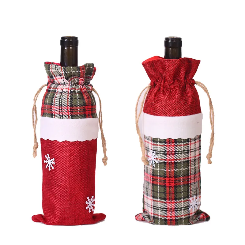 Julvinflaska Cover Burlap Buffalo Plaid Champagne Väskor För Bröllopsferie Party Grattis Present XBJK2111