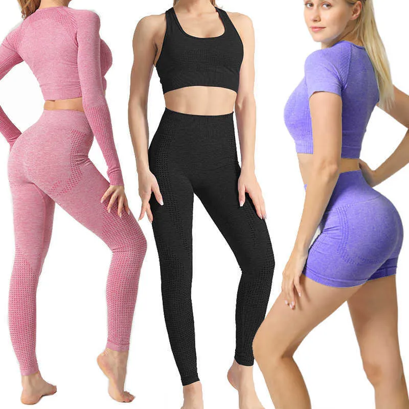 Kvinnor Seamless Yoga Set Workout Sport Wear Gym Kläder Fitness Short / Long Sleeve Crop Top High Waist Leggings Pant Sports Passit T200617