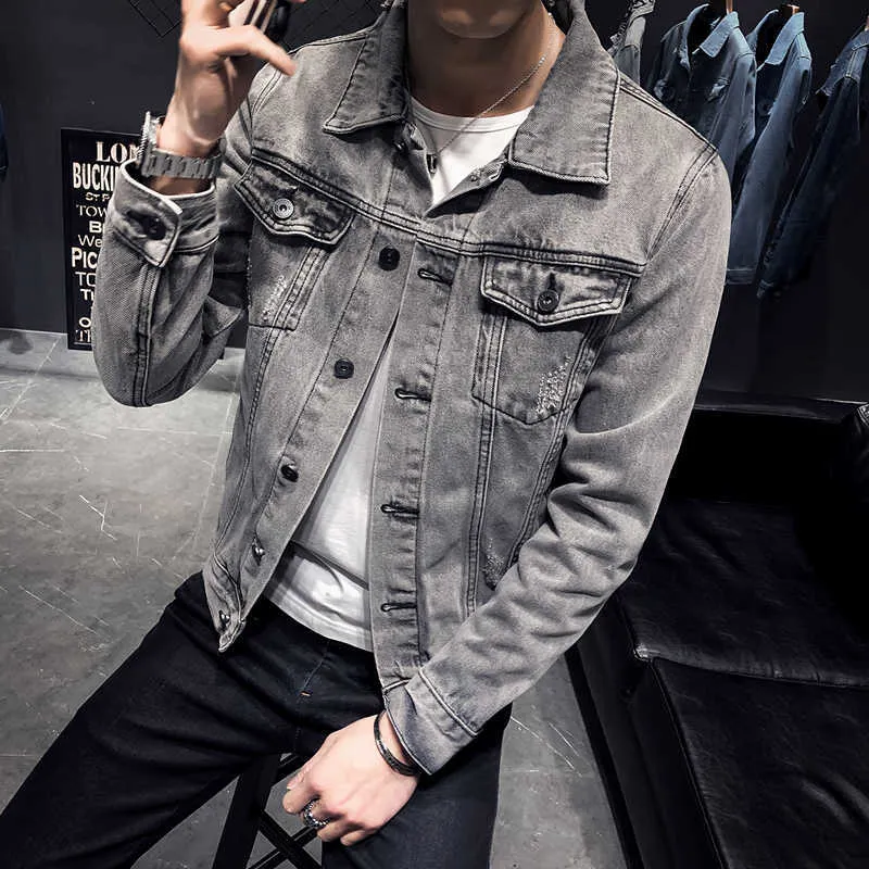 Denim Jacket Men Hole Retro Motorcyle Basic Coat Streetwear Hip
