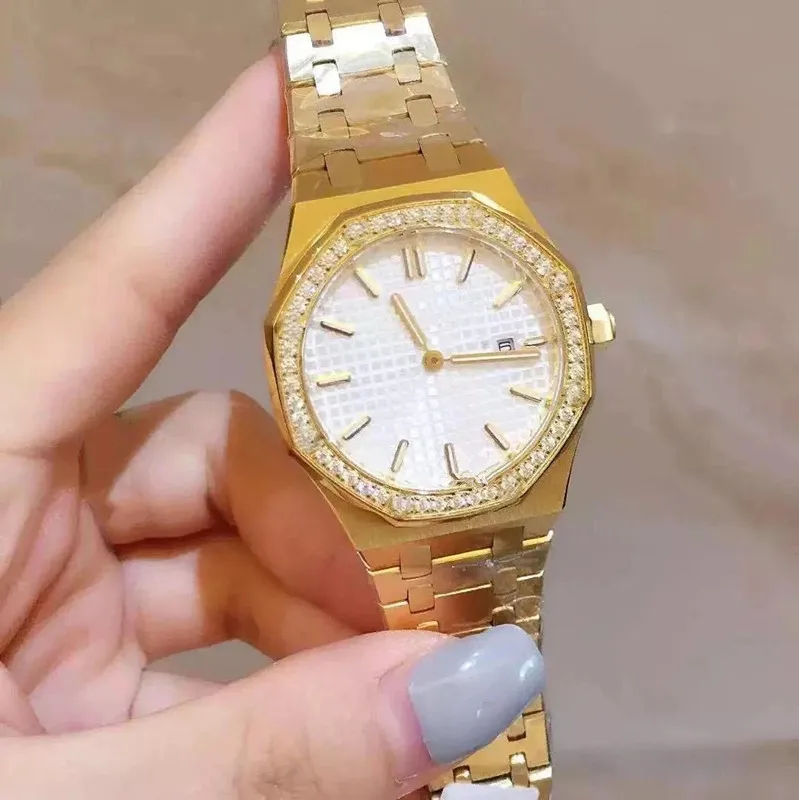33mm Classic Fashion Women Quartz Watch Diamonds Gold Chain Stainless Steel Clock White Dial Wristwatch AAA+ Signature Calendar Watch