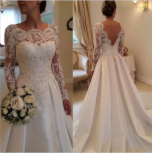 Luxury Jewelry Gown Wedding Dress Neck Long Sleeves Lace Applique Bodice Open Back Sexy Bridal Gowns vestido de noiva Court Train