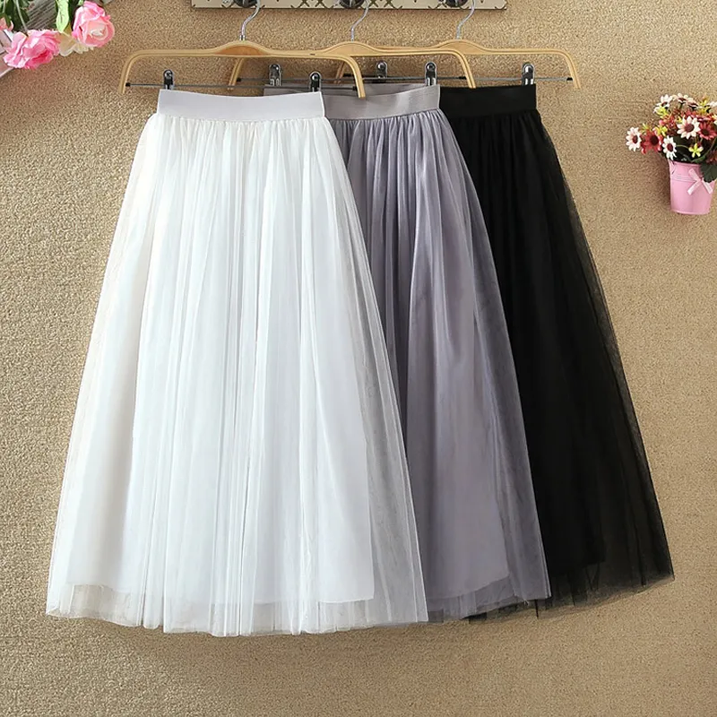 Tigena Long Tulle Skirts Women 2021 Summer Elastic High Waist Mesh Tutu Pleated女性の黒い白い灰色のマキシスカート210305